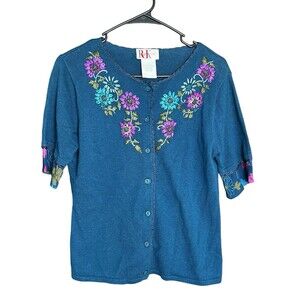 Vintage 90s‎ Women’s R&K Short Sleeve Cardigan Sweater 8/M, Blue W/ Flower